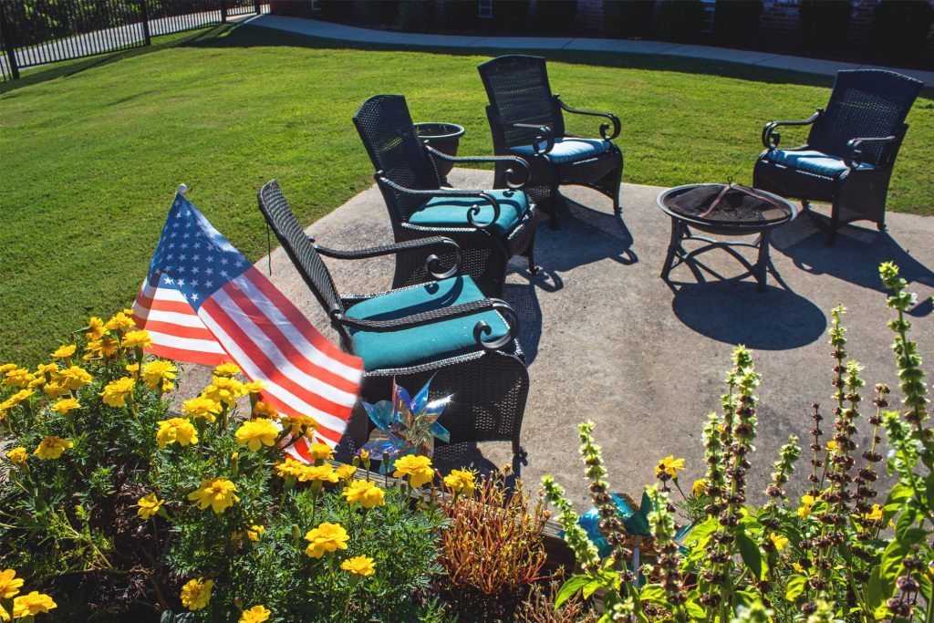 An outdoor seating area at a skilled nursing facility